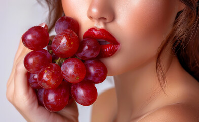 Woman with red lips holding bunch of grapes close to her face, water drops on grapes add freshness
