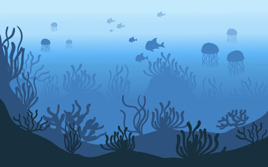 Underwater ocean fauna. Deep sea plants, fishes and animals. Marine seaweed, fish and animal silhouette vector. Underwater ocean fauna. Deep sea plants, fishes and animals. Marine seaweed, fish under 