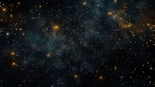 Dark 3D illustration of twinkling and blinking stars on a night sky. UHD 4K background of black sky in starry night.