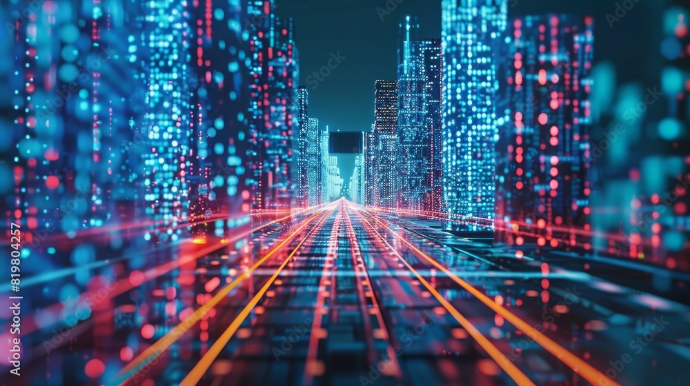 Poster a 3d rendering of an abstract highway path in a city with digital binary towers. concept of big data
