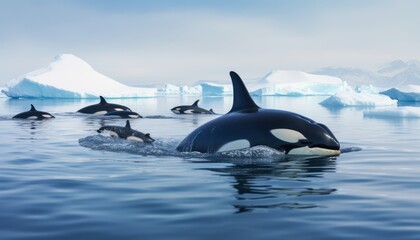 Fototapeta premium Groups of Orcas or killer whales swim and hunt for prey, the top of the food chain in a sea of ​​ice floes