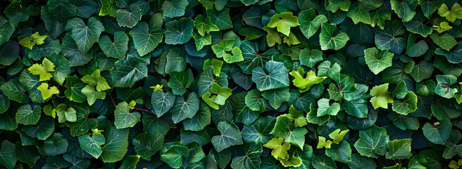 A top view of lush green ivy leaves on a boxwood hedge background. Top down view of nature. - Powered by Adobe