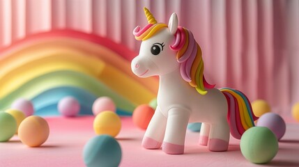 Fototapeta premium Background for children's card with unicorn toy and rainbow on pink background