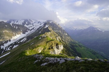 Mountain range with a grassy, rocky peak and snow-covered peaks in the distance