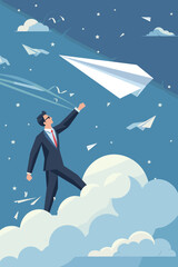 Businessman Sending Paper Airplane, Email Marketing and Company Promotion Concept