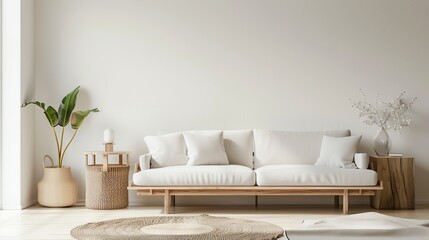 Minimalist cozy living room with white sofa and indoor plant, natural light creating a calm and serene atmosphere, modern home interior design. - Powered by Adobe