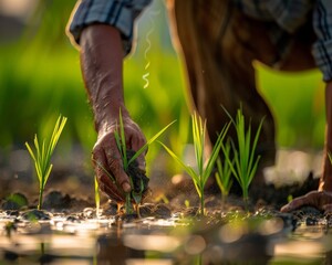 A farmer using traditional techniques to sow rice seedlings manually - close up on the methodical hand movements - dynamic, Manipulation, in a heritage-rich agricultural land