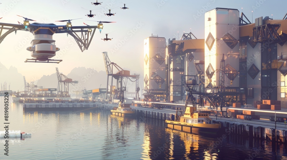 Aufkleber futuristic logistics hub with automated cranes and drones handling cargo - envisioning the future of