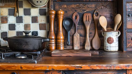 Rustic Kitchen Counter with Wooden Utensils and Cast Iron Pot