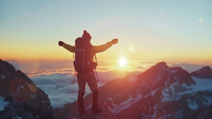A hiker experiencing the thrill of reaching the summit at sunrise - selective focus on their arm goosebumps  on a high mountain peak