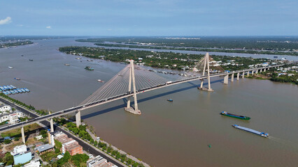 Aerial view of Rach Mieu Bridge cross Tien river, link Tien Giang with Ben Tre, cable stayed bridge...