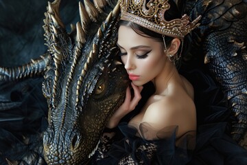 Fantasy woman evil dark queen witch hugs dragon
