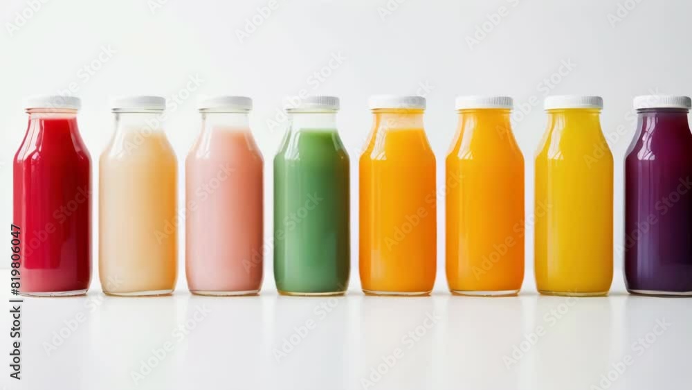 Poster a row of juice bottles with different colors and flavors. the bottles are lined up next to each othe