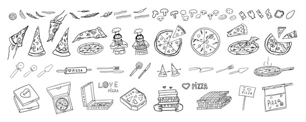 Large set of pizza, ingredients, Italian cuisine, slice of pizza and satisfied cook. Pizza time. Pizza lover. Doodle style. Hand drawn. Great for menu design, banners. Vector illustration EPS10