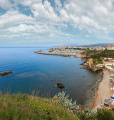 Port Palamos (Spain). Summer sea coastline morning landscape.