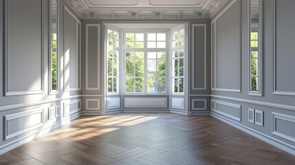 Fototapeta premium This is a classic 3D rendering of an empty room with wooden floors, gray walls, white mouldings, and white windows that look out to nature.