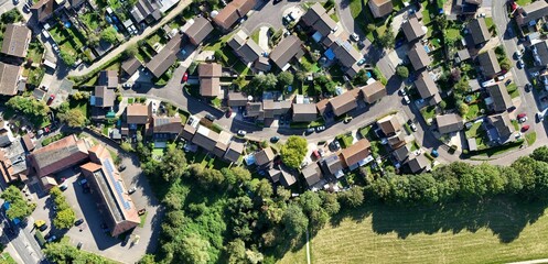 Aerial view of an urban residential area with a collection of buildings in England