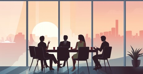 Obraz premium Vector Illustration depicting a meeting with company directors to discuss financial figures and results, supported by graphs and balance sheet curves