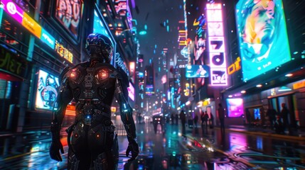 Muscular Hero Cycling Past Vibrant Holographic Billboards in a Futuristic Cityscape