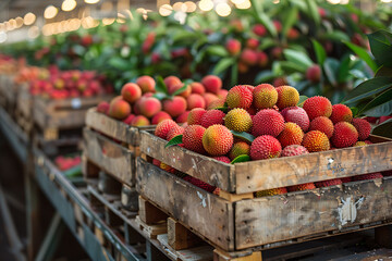 The harvested lychee is carefully packed in wooden boxes on the sorting line, ready for distribution at a bustling farm during the peak of the harvest season