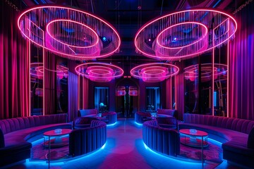 A luxurious room with circular chandeliers, neon underlighting, and a black light background providing a dramatic glow