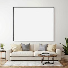 Modern interior of open space with design modular sofa, furniture, wooden coffee tables, plaid, pillows, tropical plants and elegant personal accessories in stylish home decor. Neutral living room.	