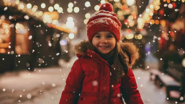 A young girl wearing a red coat and a red hat is smiling in the snow. Concept of warmth and happiness, as the child is enjoying the winter weather and the festive atmosphere