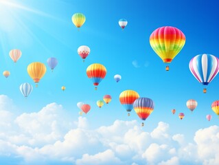 Obraz premium Hot air balloons floating in a bright blue sky.