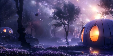 Remote hideaway in untouched nature cozy capsules for stargazing whimsical 2D animation. Concept Nature Retreat, Stargazing Experience, Cozy Capsules, Whimsical Animation