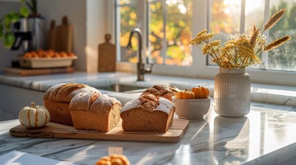 Cozy autumn morning breakfast table featuring spiced pumpkin bread and whole wheat loaves on an elegant marble counter, inviting and warm atmosphere