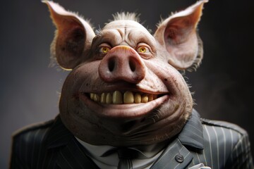 Evil, grinning fat pig like a human politician with yellow teeth wearing a business suit. Concept of corruption, manipulation, sarcasm.