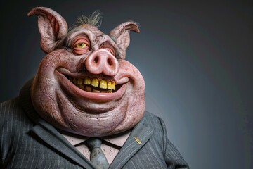 Evil, grinning fat pig like a human politician with yellow teeth wearing a business suit. Concept of corruption, manipulation, sarcasm.