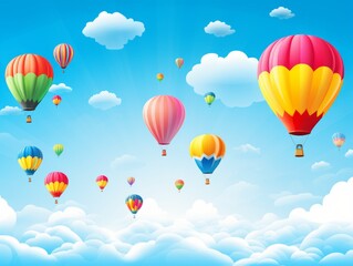 Naklejka premium Colorful hot air balloons floating in a bright blue sky.