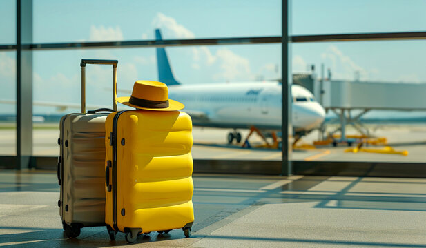 Render 3D de Maletas Amarilla y Gris con Sombrero en la Ventana del Aeropuerto: Composición Simple con Luz Suave en un Día Soleado, Estilo Lente de 28mm