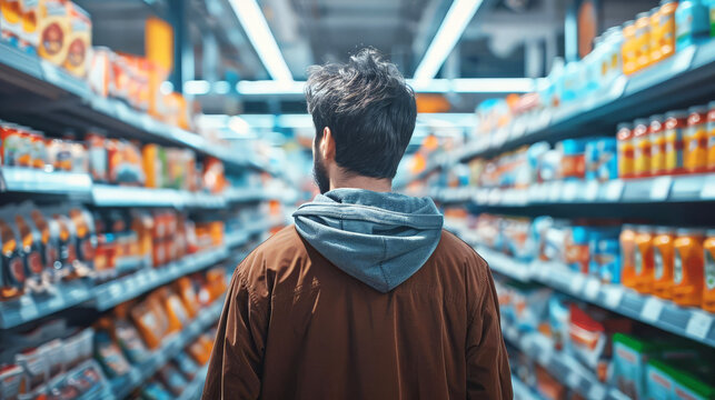 Confused A shopper puzzling over product labels in a grocery aisle