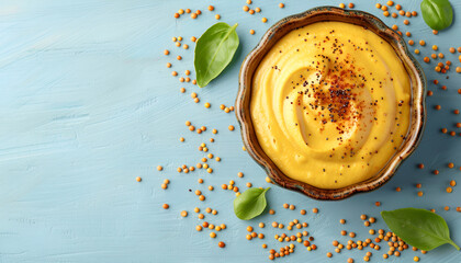 Sauce bowl with delicious mustard and seeds on light blue wooden table, flat lay