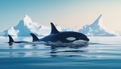 Naklejka premium Groups of Orcas or killer whales swim and hunt for prey, the top of the food chain in a sea of ​​ice floes