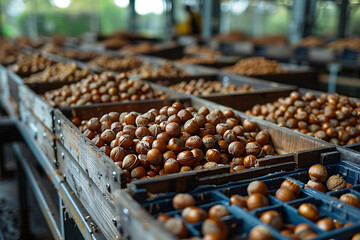 The harvested nuts are meticulously packed in wooden boxes on the sorting line, prepared for distribution at a busy farm during the height of the harvest season
