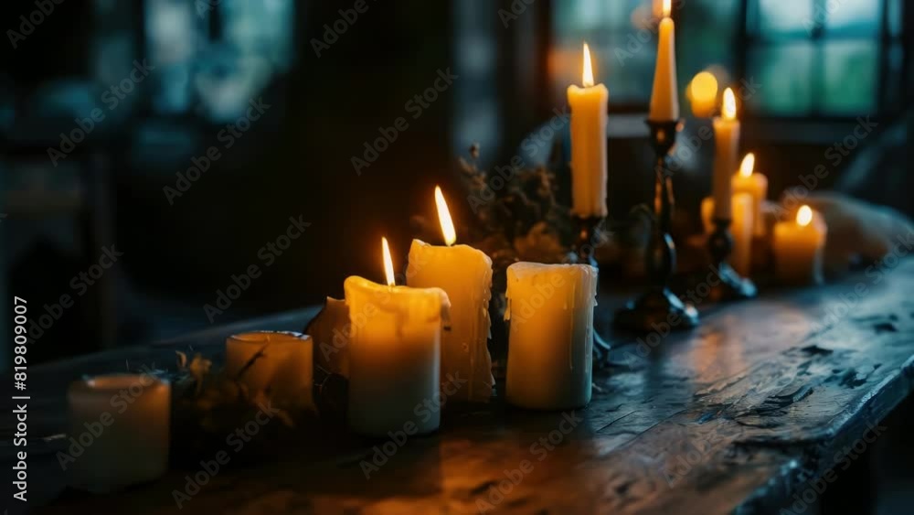 Poster a table with many candles lit up in a dimly lit room. the candles are arranged in a row and some are