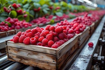 The harvested raspberries are neatly packed in wooden boxes on the sorting line, ready for...