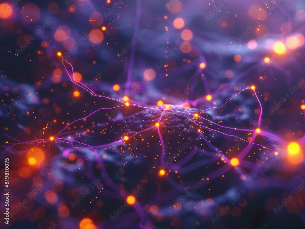 Poster futuristic depiction of neural communication, neurons interconnected with glowing paths, showcasing 