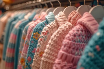Children's cloth rack, selective focus Pastel color children's clothes in a Row on Open Hanger...