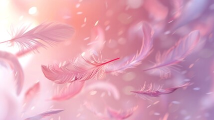 Soft-focus image of floating feathers against a pastel background, creating a sense of weightlessness and calmness.