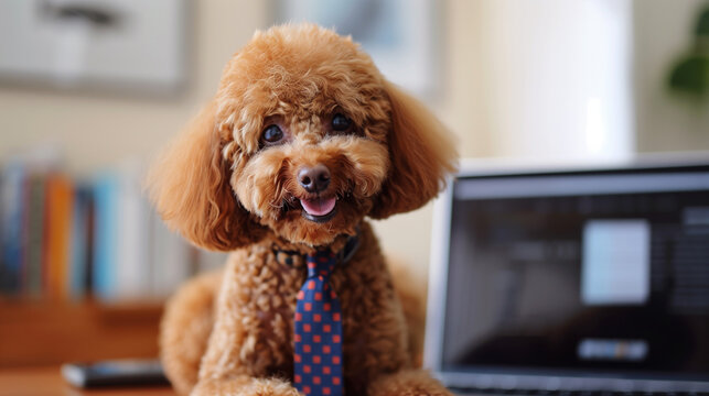 National Take Your Dog to Work Day. Toy poodle wearing a tie is near the laptop in a light office room, close up portrait.