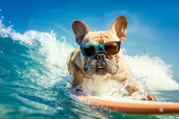 Bulldog in sunglasses riding a surfboard in the ocean.