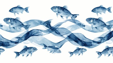 Fototapeta premium A seamless pattern with shoals of fish on an isolated background. Watercolor illustration with wavy lines. Banner or ornament border in blue colors. Underwater drawing for the backdrop.