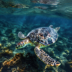 Fototapeta premium A sea turtle swimming under clear water 