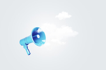 Creative blue loudspeaker with clouds on a gray background, concept. Affiliate marketing and...
