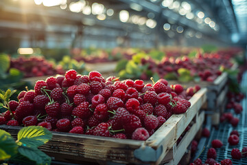 The harvested raspberries are neatly packed in wooden boxes on the sorting line, ready for distribution at a busy farm during the peak of the harvest season