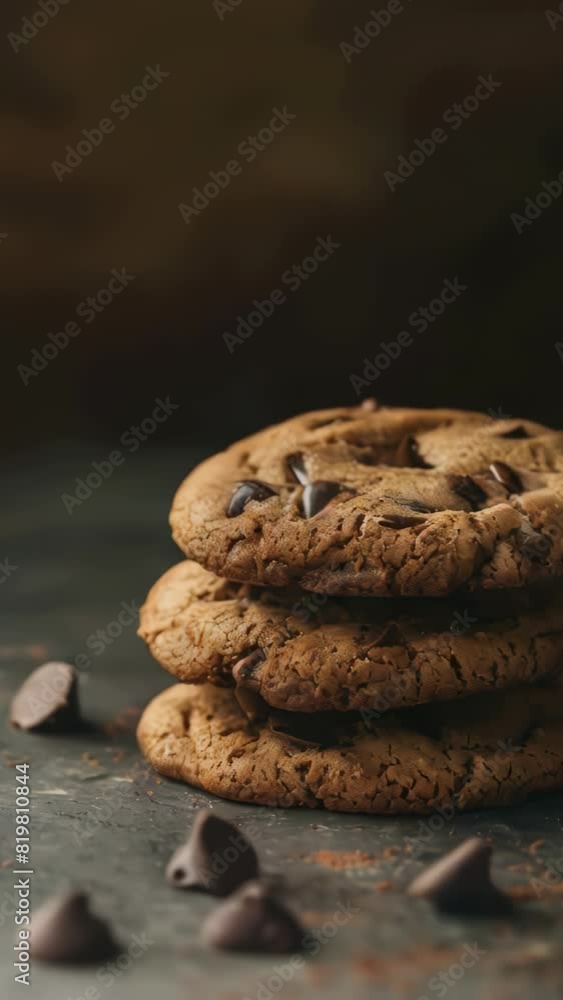 Aufkleber a stack of chocolate chip cookies with chocolate chips on the ground. the cookies are piled on top o